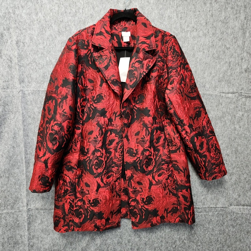 Chico's Wild Poppy Rose Jacquard Topper Jacket Red‎ Black Size 2 US 12/14 NEW - Picture 4 of 12